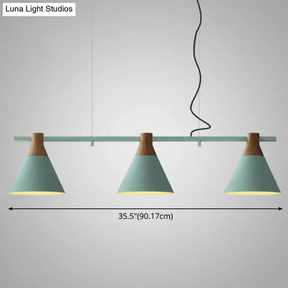 DecorBites nordic style pendant light with adjustable chain cord length and three mint green metal shades with wooden accents