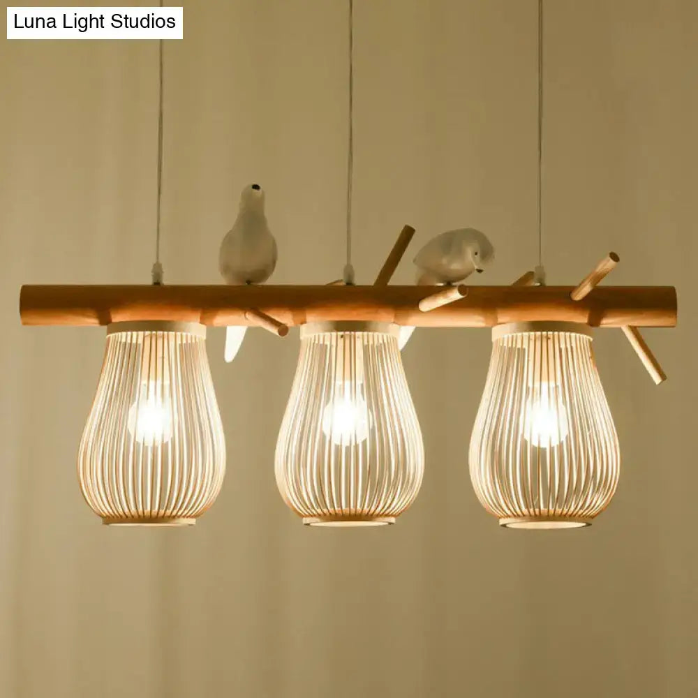 Natural wood branch nordic style pendant light with three bamboo shades and white ceramic birds for dining room use