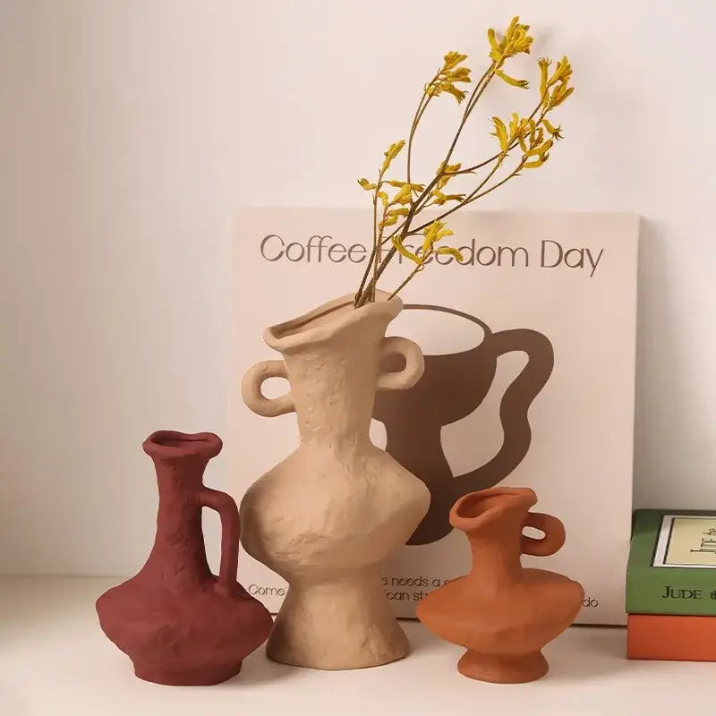 Beige nordic style ceramic flower pot with two handles and textured handcrafted surface by decorbites™ white collection