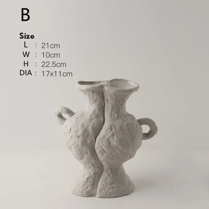 DecorBites™ nordic style ceramic flower pot in white with a gray textured vase featuring two handles and split design