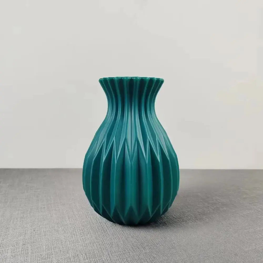 Teal ceramic flower vase with fluted geometric ridges nordic style ceramic flower vase by decorbites