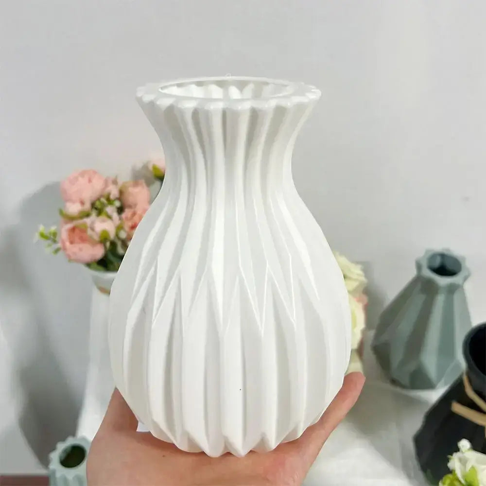 DecorBites™ nordic style white ceramic flower vase with fluted geometric design and slightly wider rim