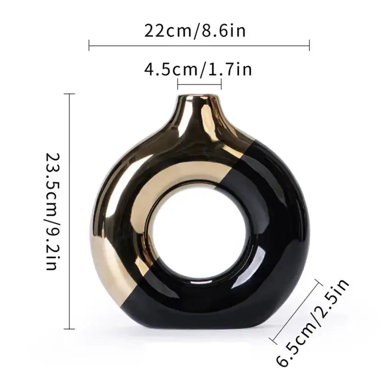 DecorBites™ nordic style circle vase in glossy black and gold ceramic with a modern ring design for flower arrangement