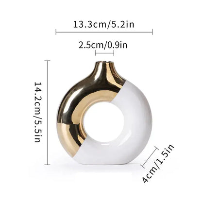 DecorBites™ nordic style circle vase in ceramic with glossy white and metallic gold finish for flower arrangement