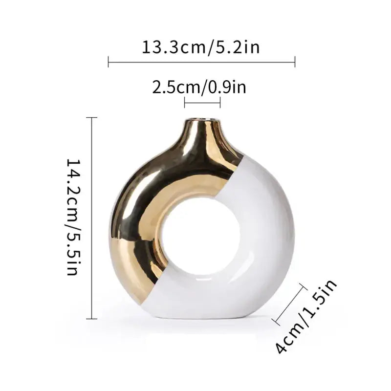 DecorBites™ nordic style circle vase in ceramic with glossy white and metallic gold finish for flower arrangement
