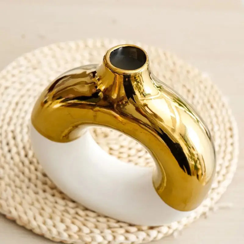 DecorBites™ nordic style circle vase with glossy gold and smooth white ceramic for elegant flower arrangement