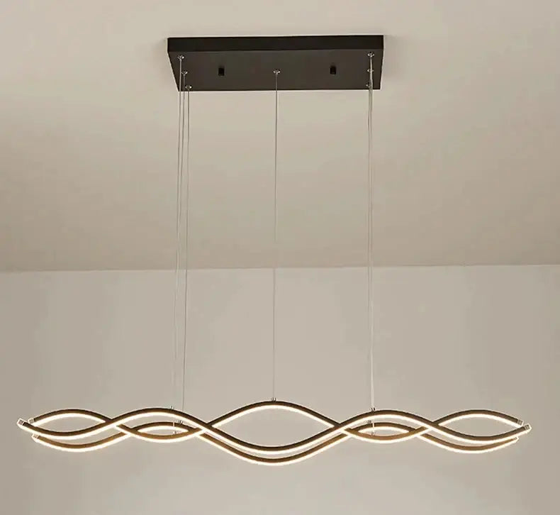 Modern black rectangular ceiling mount chandelier with three gold led strands in a nordic style dining room design