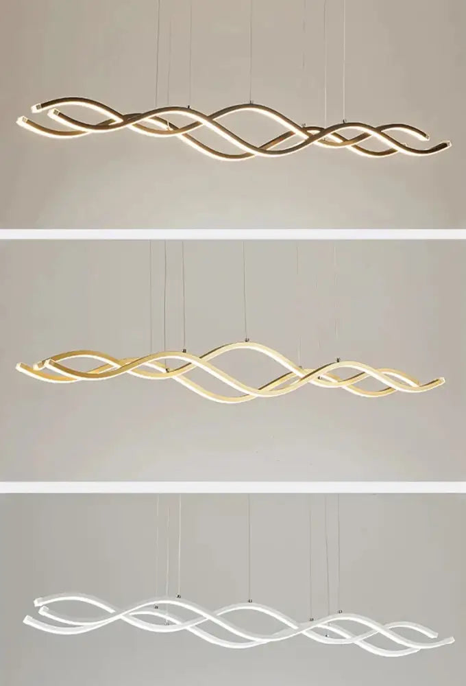 Modern minimalist pendant light with sleek continuous wave design in gold or white finish for nordic style dining room