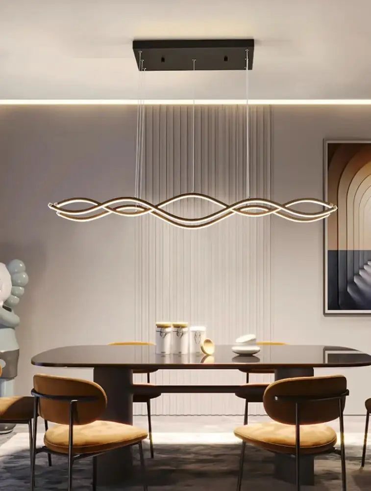 DecorBites™ modern wave-shaped led pendant light with black frame and warm white curves for nordic style dining room