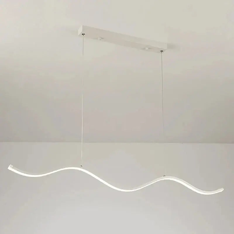 Modern white led pendant light with sleek wavy design and minimalist rectangular mount for nordic style dining room