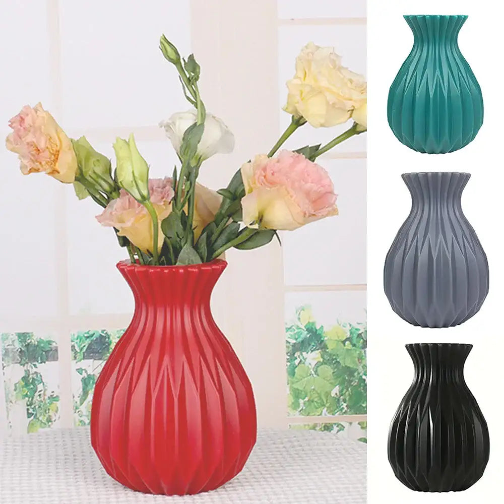 DecorBites™ nordic style red plastic flower vase with geometric pattern and glossy finish available in multiple colors