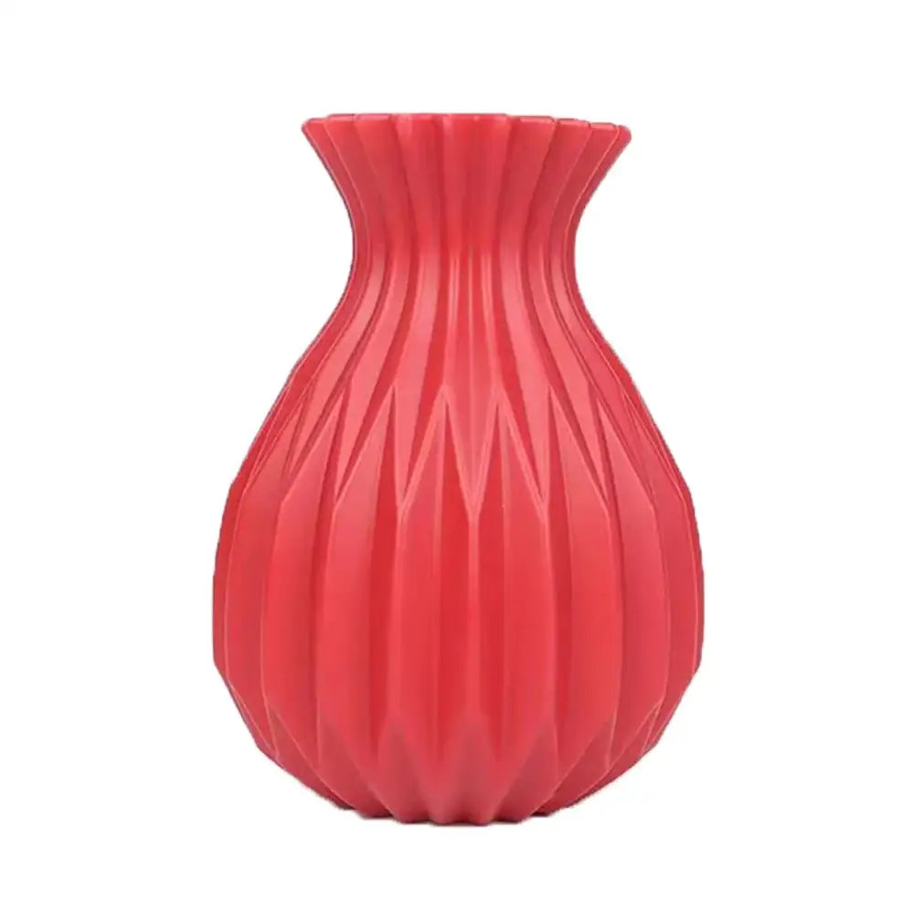DecorBites™ coral-red plastic flower vase with geometric faceted design and glossy finish for home decor