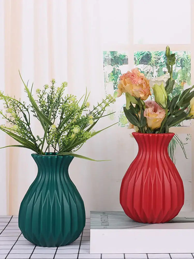Decorbites™ nordic style vibrant red and teal plastic flower vase set with fresh flowers for home decor