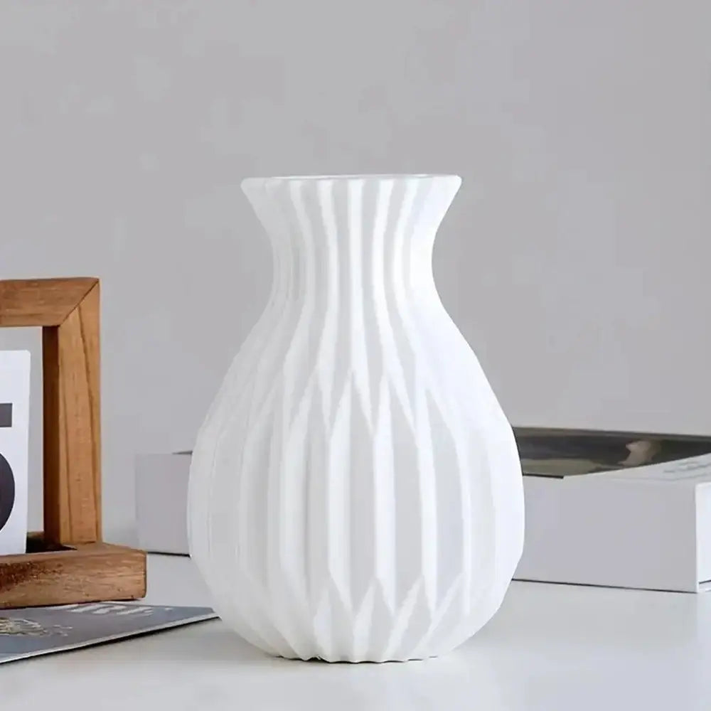 White ceramic flower vase with vertical ribbed texture from DecorBites™ nordic style plastic flower vase collection