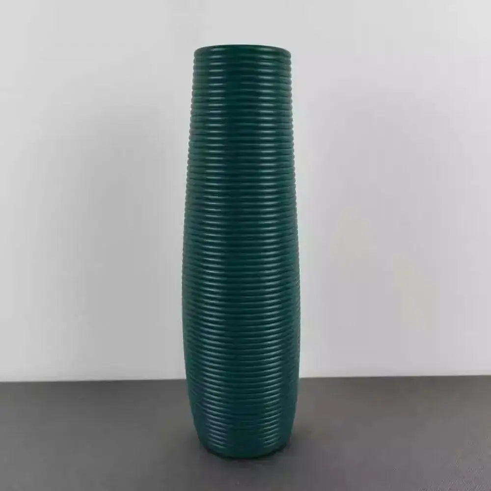 Dark green decorbites nordic style plastic flower vase with vertical ribbed ceramic texture for home decor