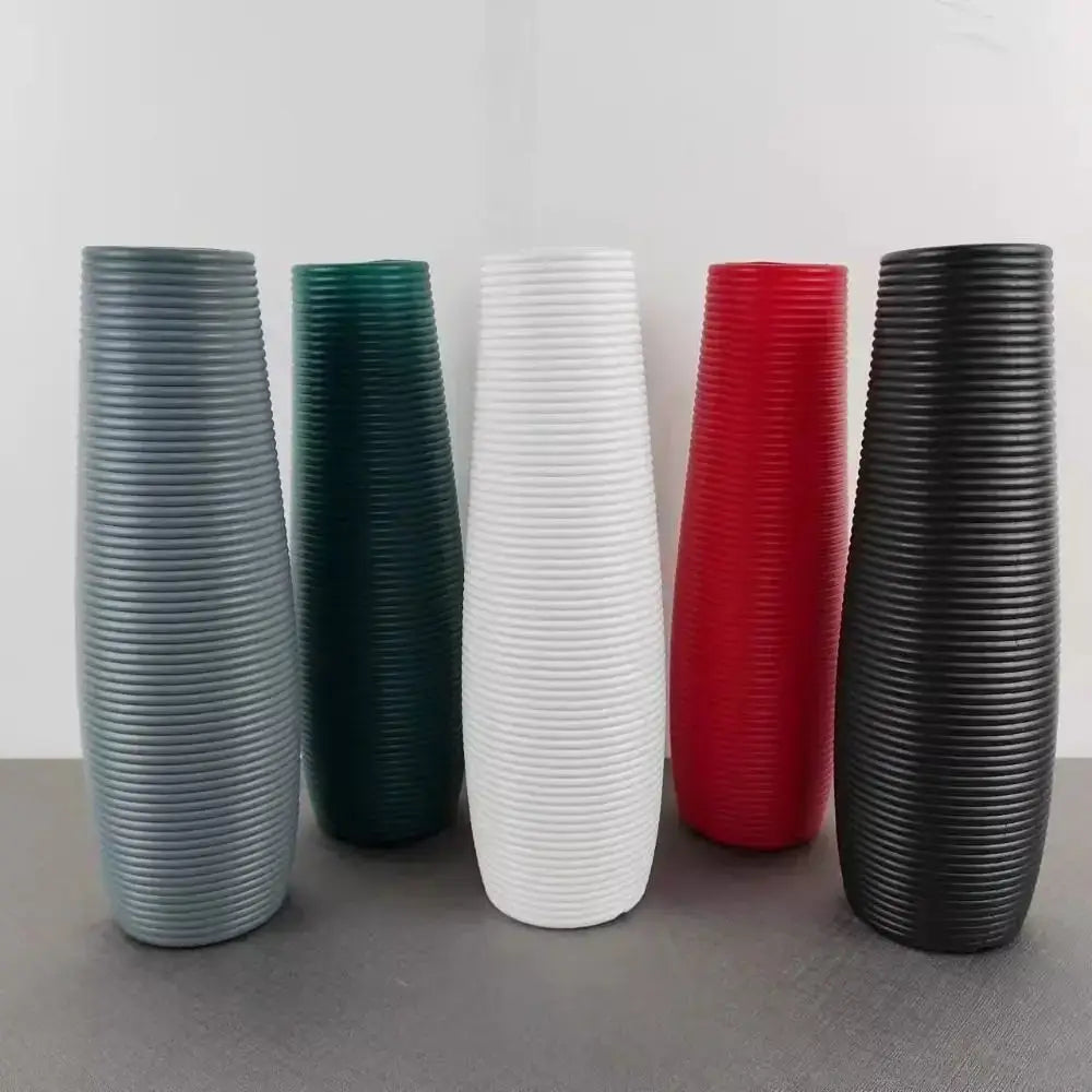 Five ribbed plastic flower vases in gray green white red and black for home decor by decorbites nordic style