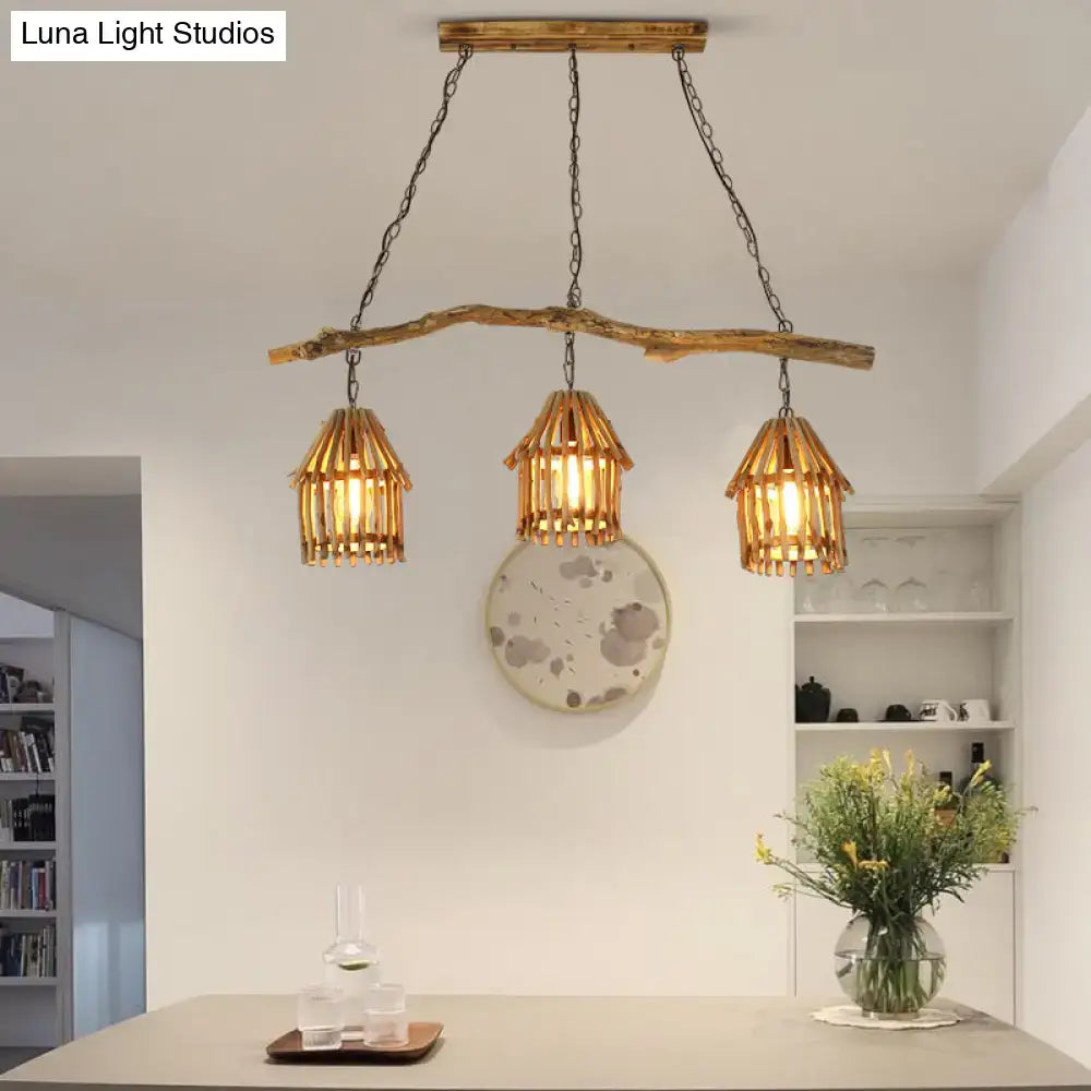 DecorBites™ nordic style wooden house pendant light with three woven bamboo shades for dining room lighting