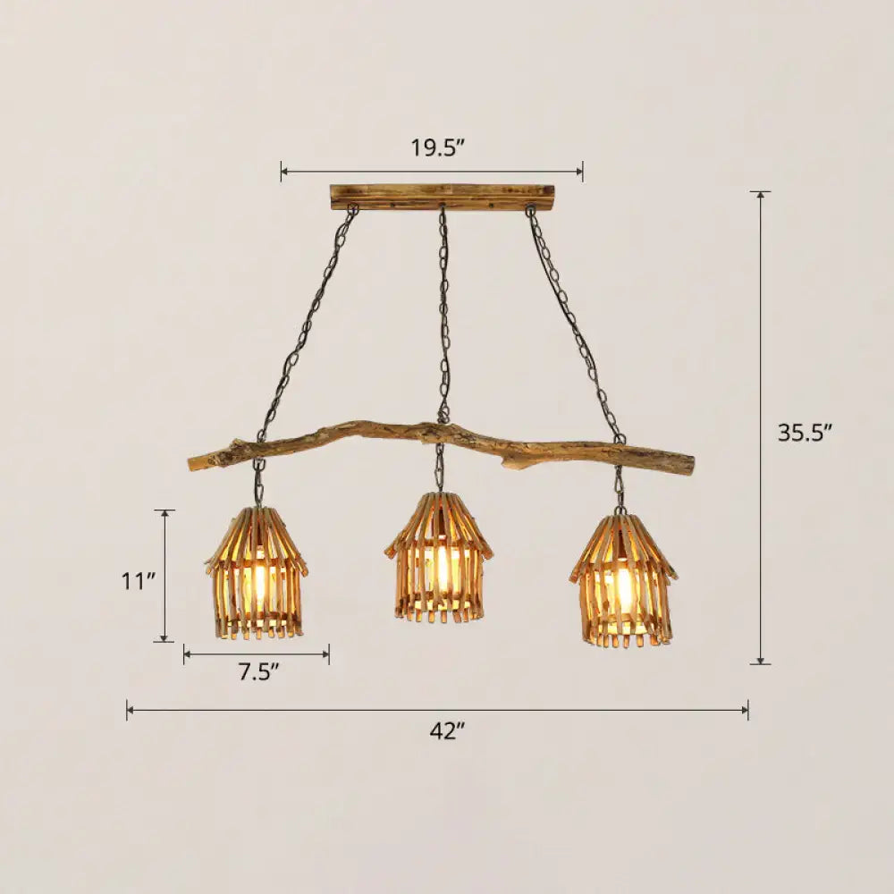 Decorbites™ nordic style wooden house pendant light with three woven bamboo shades and black metal chains for dining room