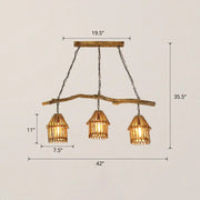 Decorbites™ nordic style wooden house pendant light with three woven bamboo shades and black metal chains for dining room