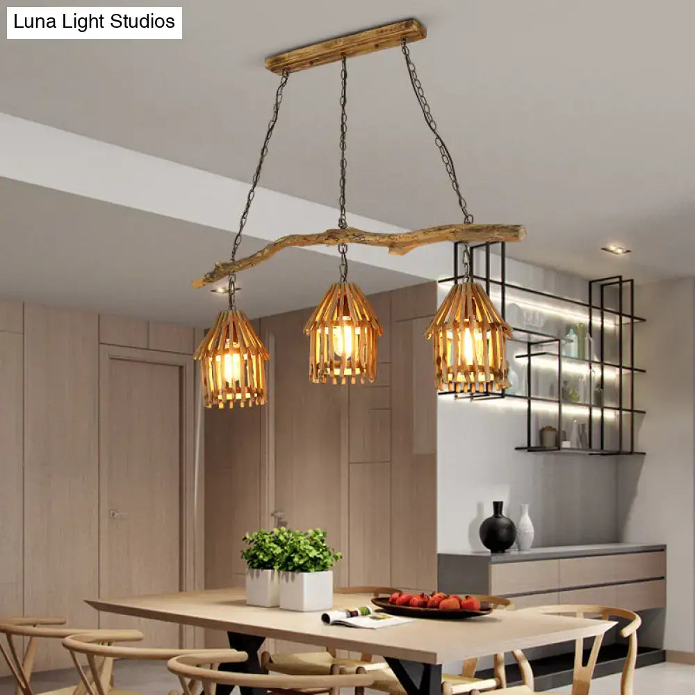 DecorBites™ nordic style wooden house shaped pendant light with three woven bamboo shades for dining room use