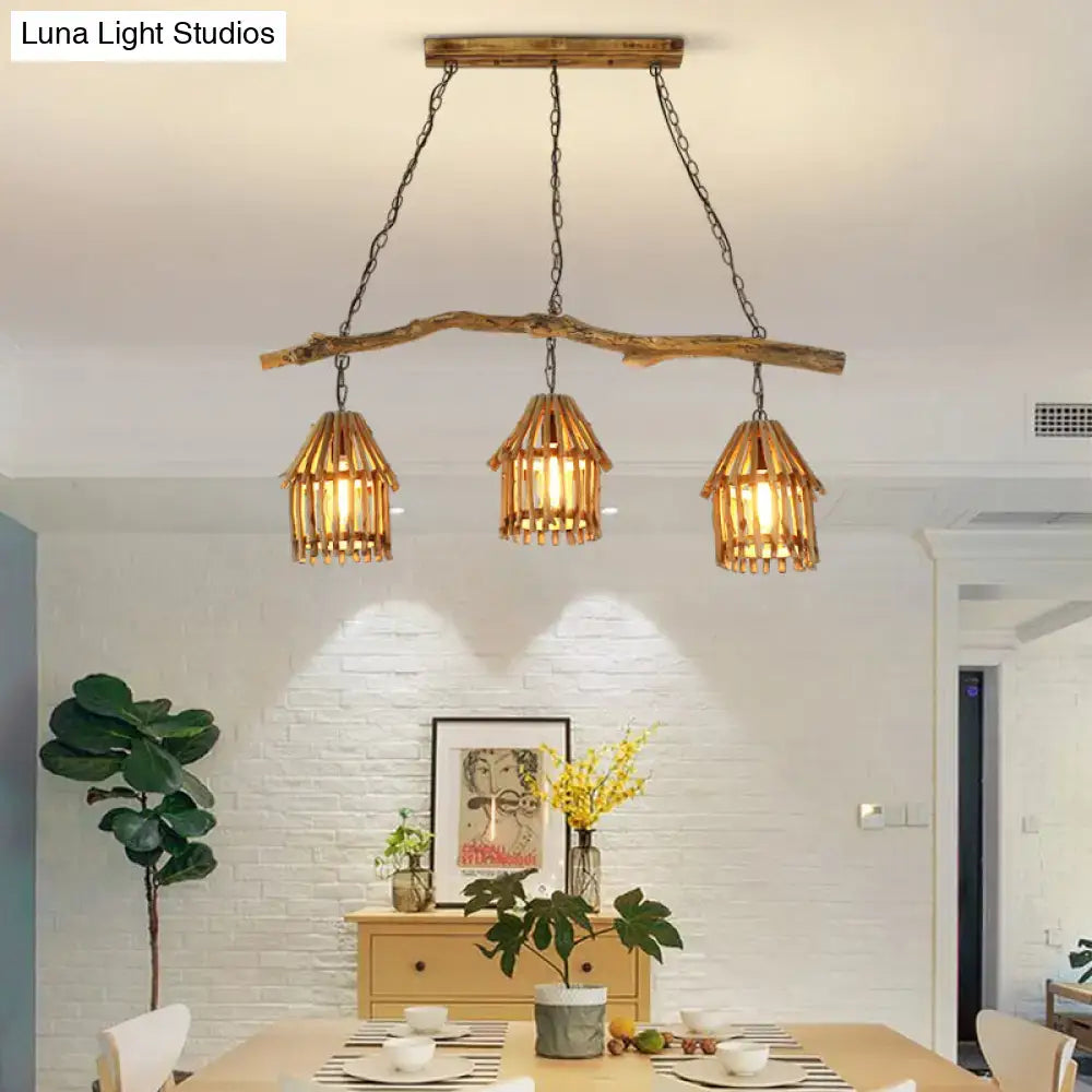 DecorBites™ nordic style wooden house shaped pendant light with three woven bamboo shades for dining room use