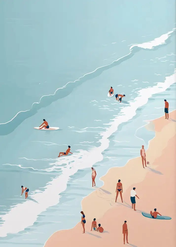 Decorbites™ nordic summer wall art prints featuring a beach scene with people enjoying the ocean and sand for living room decor