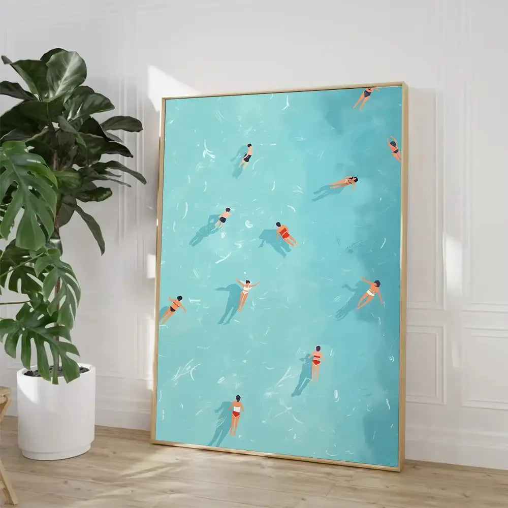 Decorbites™ nordic summer wall art prints featuring stylized turquoise pool figures in a slender gold frame for living room