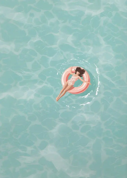 DecorBites™ Nordic summer wall art prints featuring pink inflatable swim ring with woman floating for living room