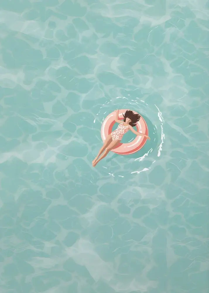 DecorBites™ Nordic summer wall art prints featuring pink inflatable swim ring with woman floating for living room