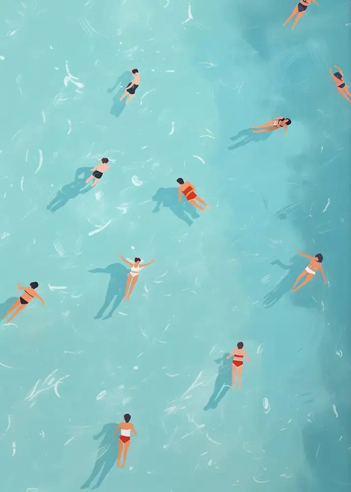 Decorbites™ nordic summer wall art prints featuring a serene turquoise pool with people floating in swimwear for living room