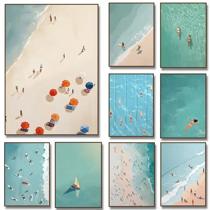 Set of eight DecorBites™ wall art prints featuring vibrant turquoise waters and beach umbrellas in a minimalist style