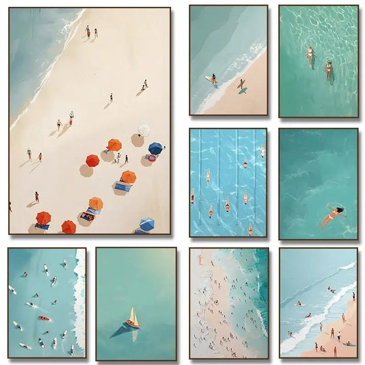 Set of eight DecorBites™ wall art prints featuring vibrant turquoise waters and beach umbrellas in a minimalist style