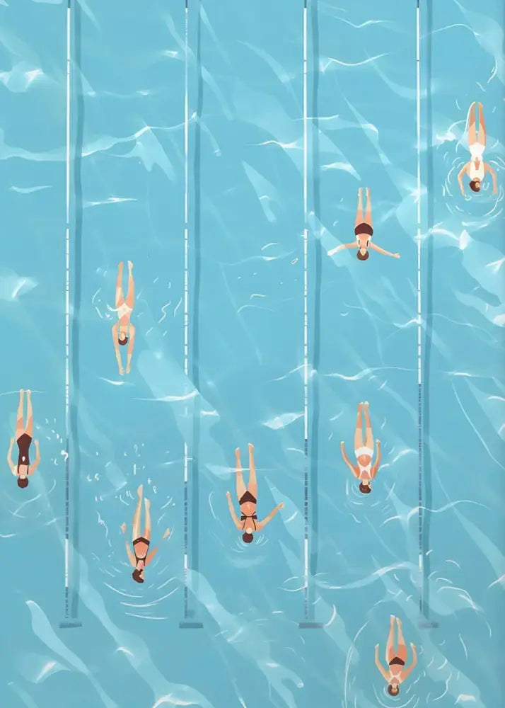 A stylized illustration of swimmers in blue tones featured in DecorBites™ Nordic Summer wall art prints for living room