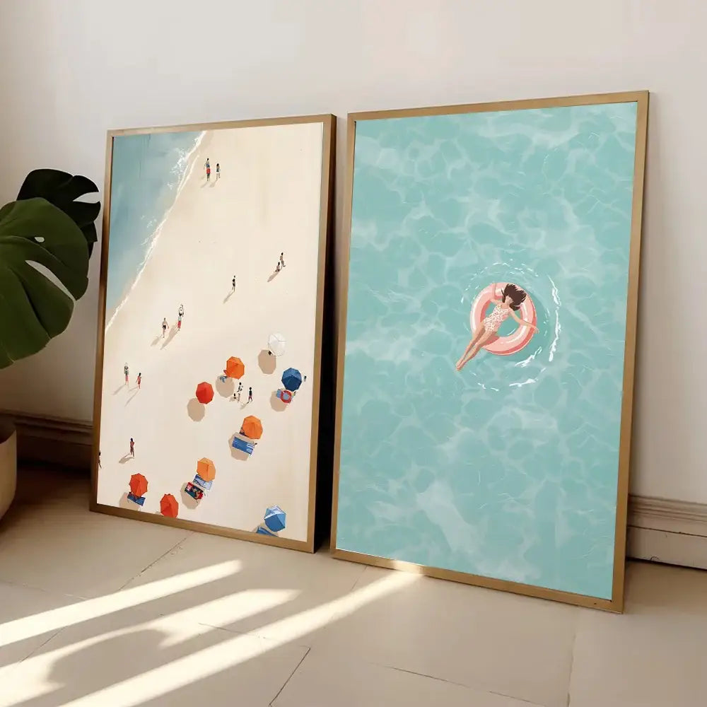 Two gold-colored framed beach-themed wall art prints from decorbites™ nordic summer collection for living room decor
