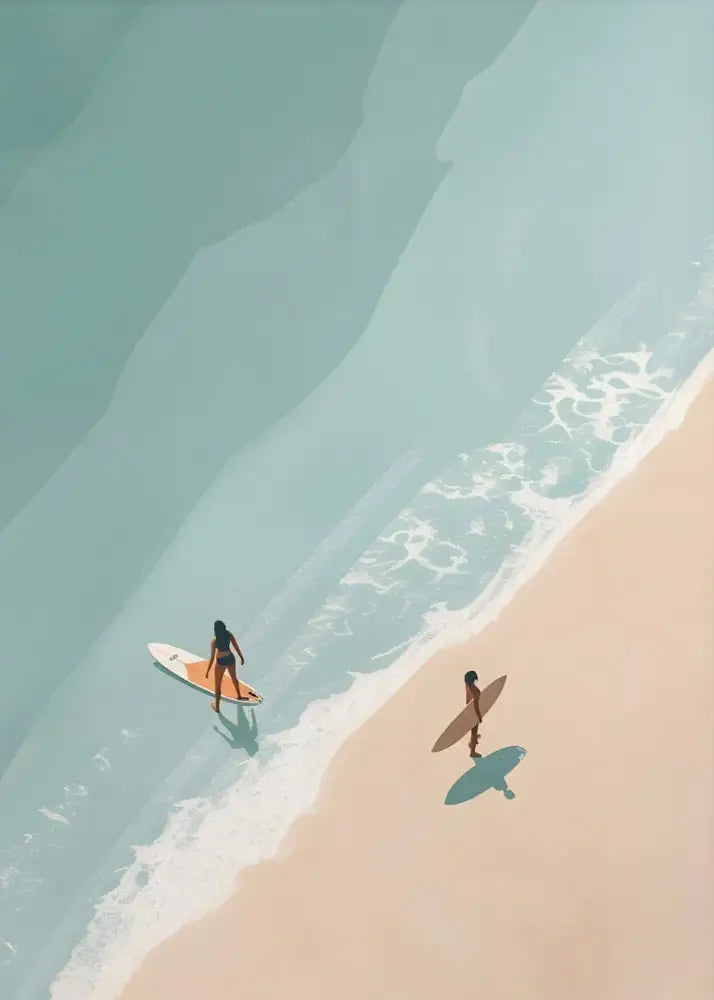 Two surfers with white and brown boards at shoreline featured in decorbites™ nordic summer wall art prints