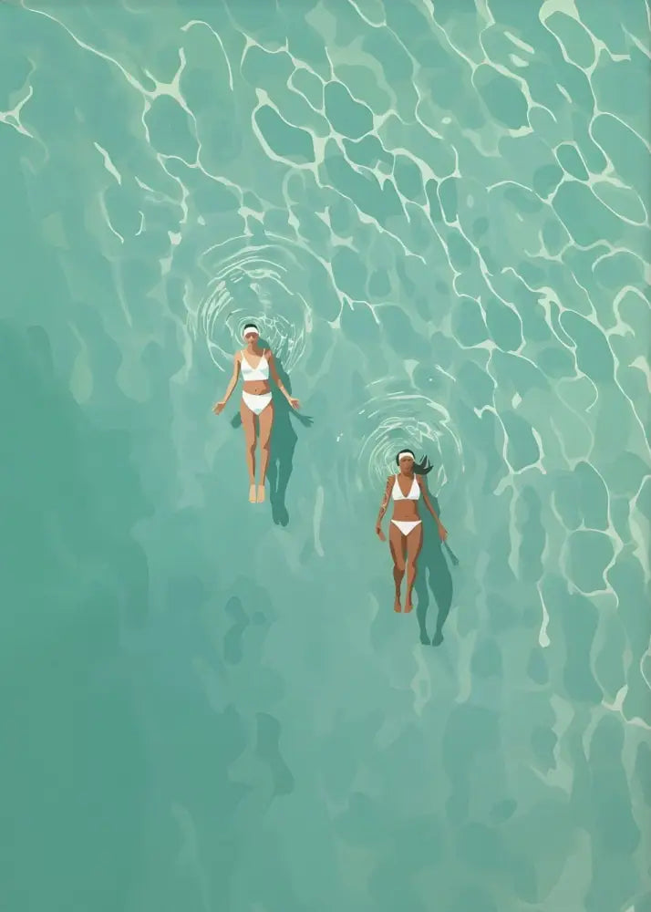 Decorbites nordic summer wall art prints featuring two women in white bikinis floating in turquoise water