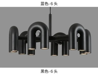 Black matte-finished decorbites nordic u shape led ceiling chandelier with six curved pipe-like arms and circular lights