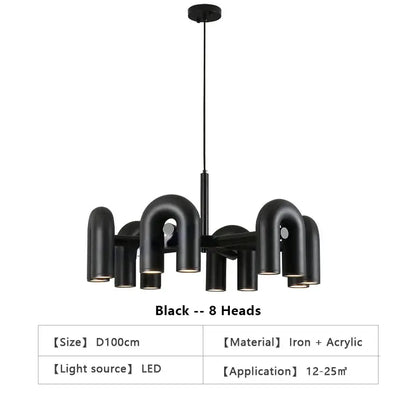 Black iron and acrylic decorbites™ nordic u shape led ceiling chandelier with eight curved pipe-like light heads