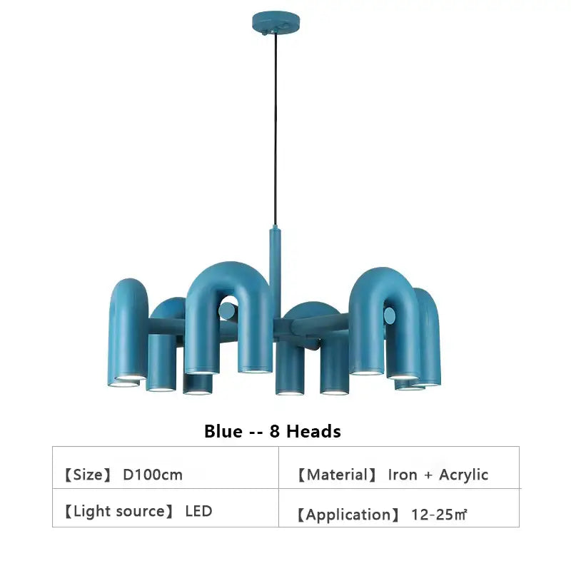 Blue DecorBites™ Nordic U Shape LED ceiling chandelier with eight curved iron and acrylic pipe-like arms