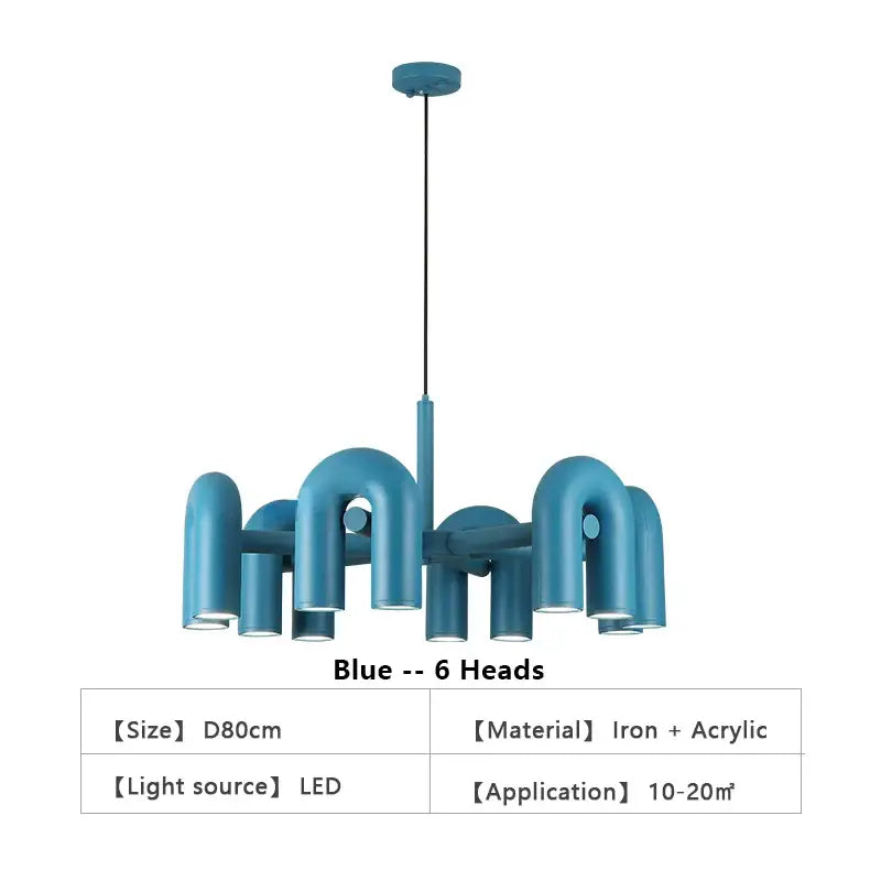 Decorbites nordic u shape led ceiling chandelier in blue with six curved iron and acrylic pipe-like arms