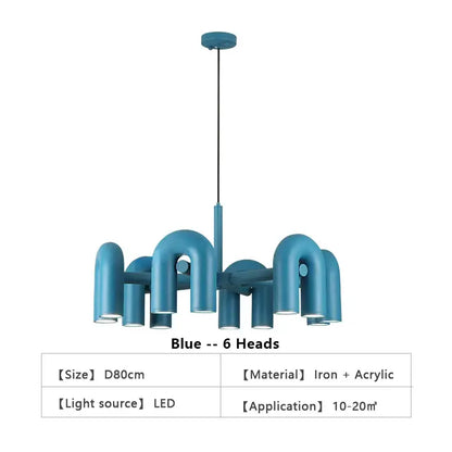 Blue DecorBites™ Nordic U shape LED ceiling chandelier with six curved iron and acrylic arms for modern lighting