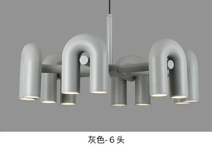 DecorBites Nordic U shape led ceiling chandelier with gray metallic curved pipe arms and cylindrical light fixtures