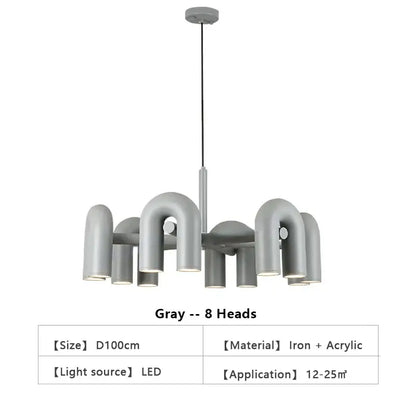 Gray modern led ceiling chandelier by decorbites with eight curved u shape iron and acrylic light heads