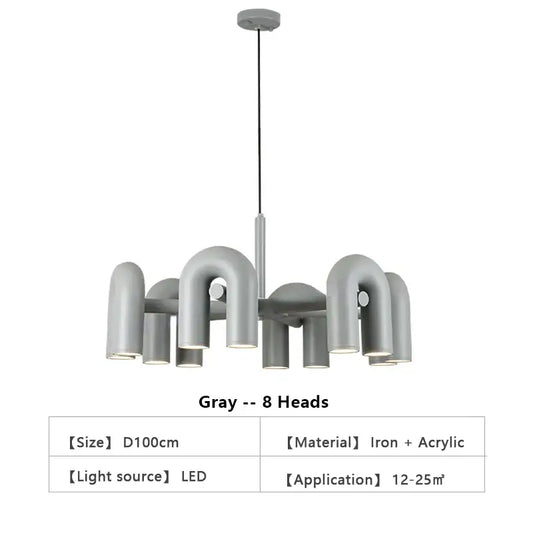 Gray DecorBites™ Nordic U shape LED ceiling chandelier with eight curved iron and acrylic light heads