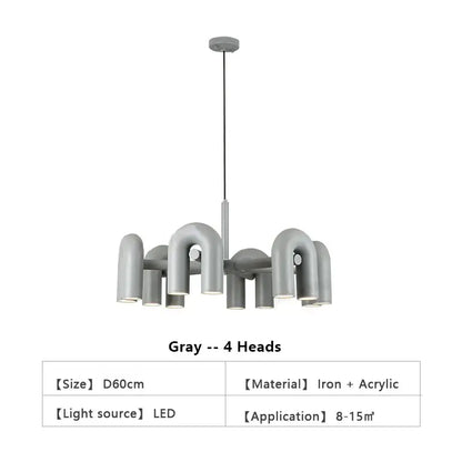 Gray modern DecorBites™ Nordic U shape led ceiling chandelier with four curved iron and acrylic lamp heads