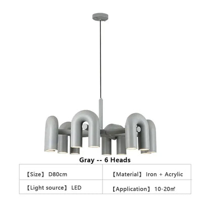 Gray DecorBites™ Nordic U shape led ceiling chandelier with six curved iron and acrylic light heads