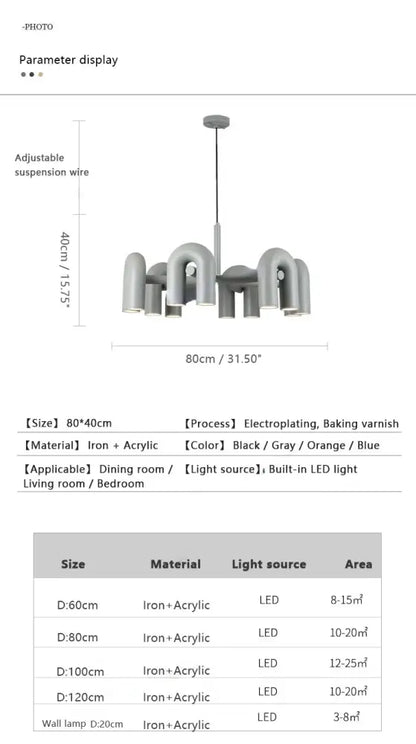 Modern gray industrial-style decorbites™ nordic u shape led ceiling chandelier with sleek geometric curved arms and integrated lighting