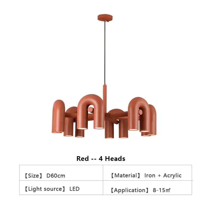 DecorBites™ nordic u shape led ceiling chandelier with four curved red iron and acrylic light heads