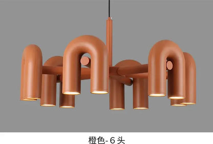 Decorbites™ nordic u shape led ceiling chandelier in terracotta with six curved pipe arms and cylindrical light fixtures