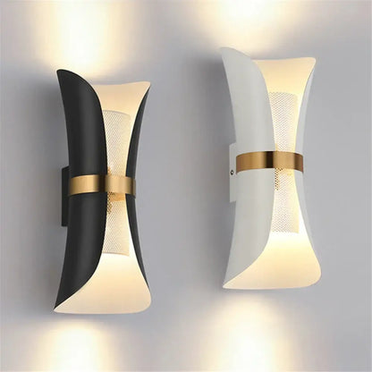 Decorbites™ nordic wall lamp with sleek curved black and white finishes accented by gold bands modern wall lamp design